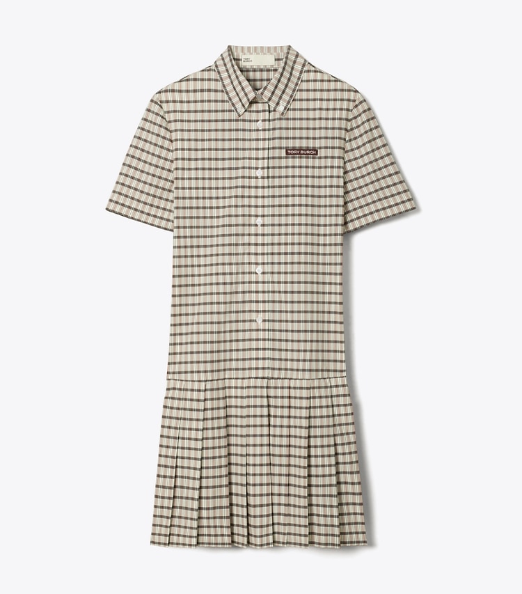 Tory Burch designer dresses Plaid Drop-Waist Pleated Golf Dress in Ivory / Black Plaid front