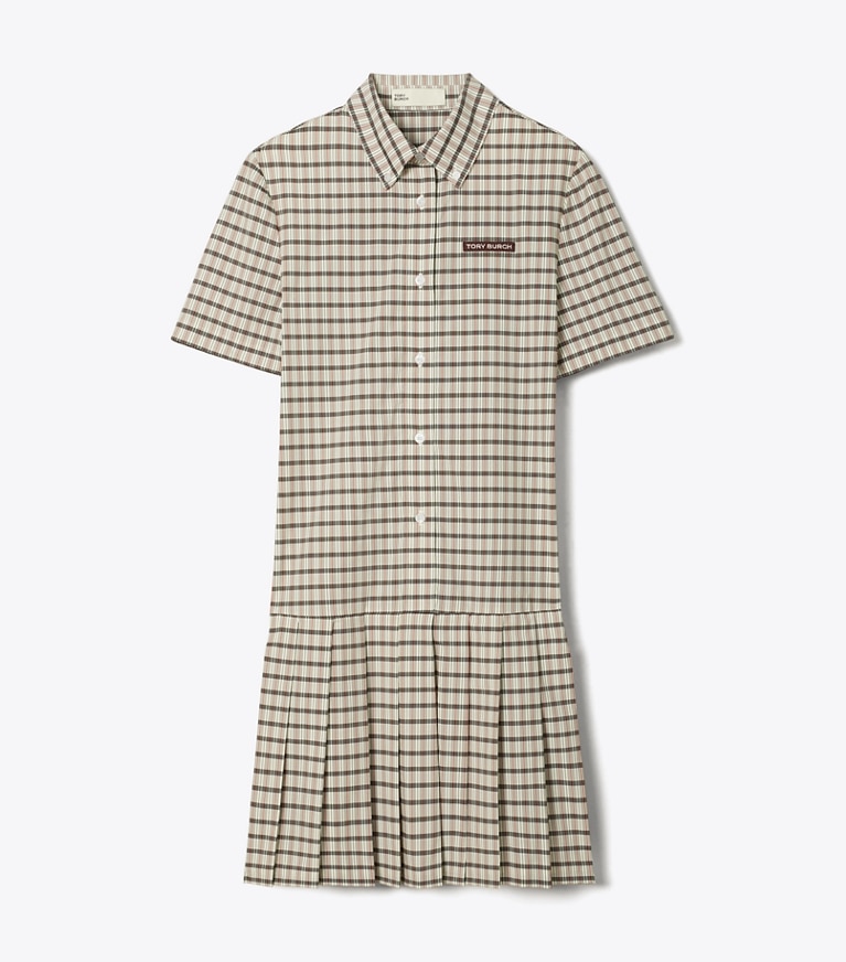 Tory Burch designer dresses Plaid Drop-Waist Pleated Golf Dress in Ivory / Black Plaid front