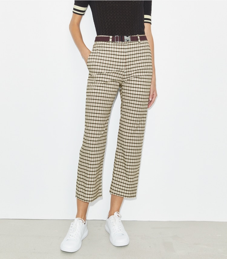 Tory Burch designer bottoms Plaid Golf Pant in Ivory / Black Plaid on model detail