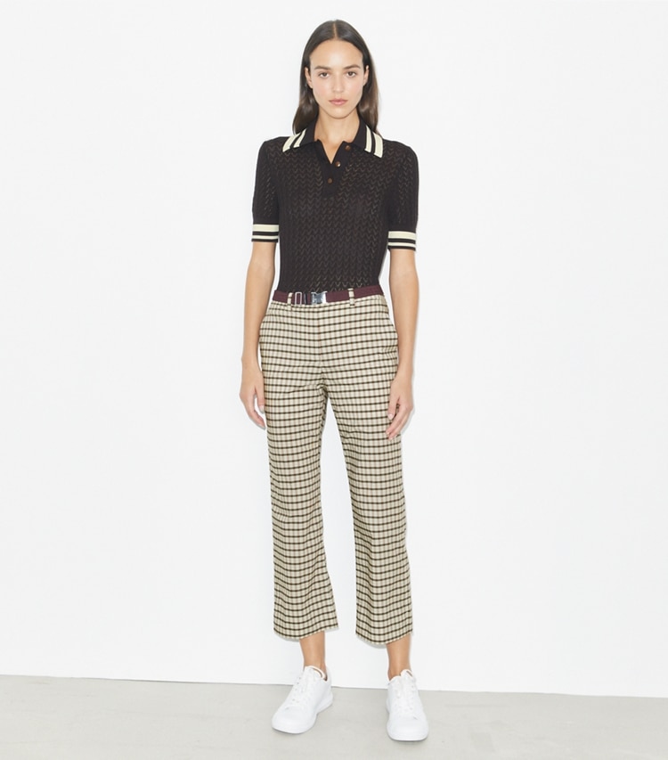 Tory Burch designer bottoms Plaid Golf Pant in Ivory / Black Plaid on model front