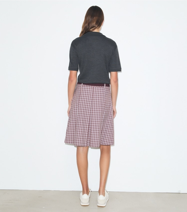 Tory Burch designer bottoms Plaid Golf Skirt in Burgundy Plaid on model back