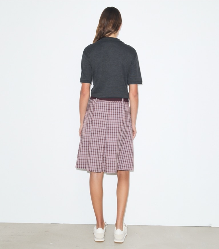 Tory Burch designer bottoms Plaid Golf Skirt in Burgundy Plaid on model back