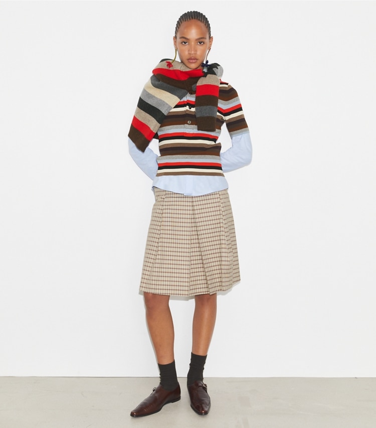 Tory Burch designer bottoms Plaid Golf Skirt in Crimson Rust Dense Plaid Sport on model front