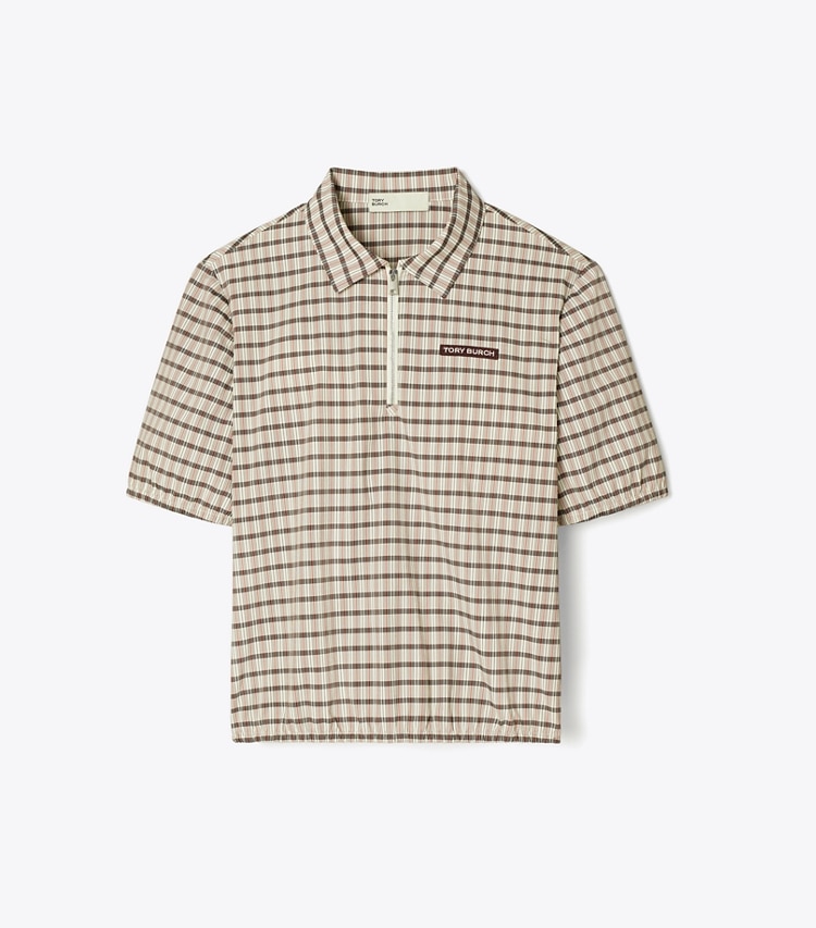 Tory Burch designer tops Plaid Half-Zip Polo in Ivory / Black Plaid front