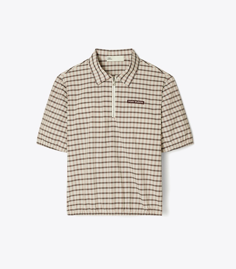 Tory Burch designer tops Plaid Half-Zip Polo in Ivory / Black Plaid front