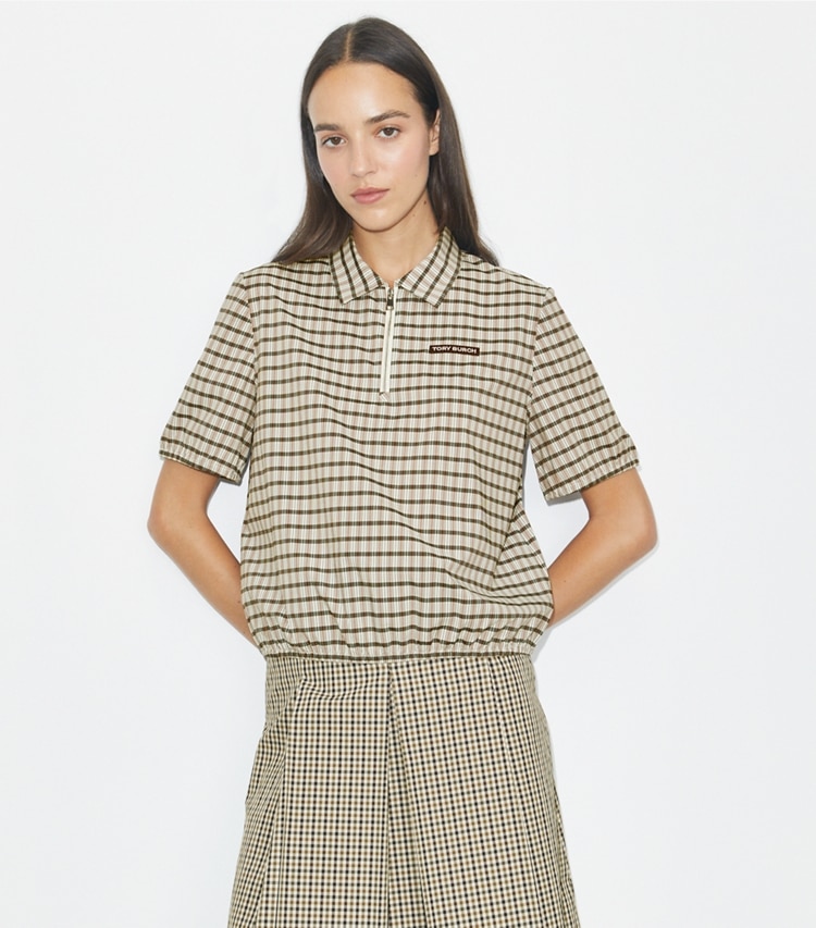 Tory Burch designer tops Plaid Half-Zip Polo in Ivory / Black Plaid on model detail