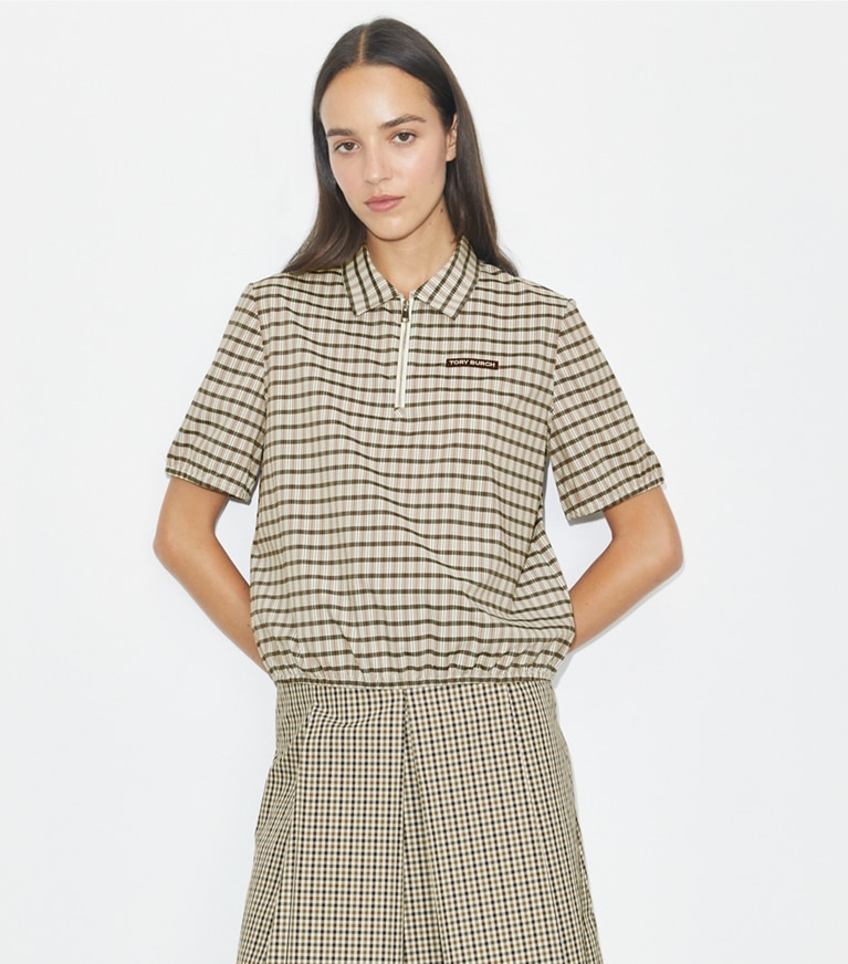Tory Burch designer tops Plaid Half-Zip Polo in Ivory / Black Plaid front
