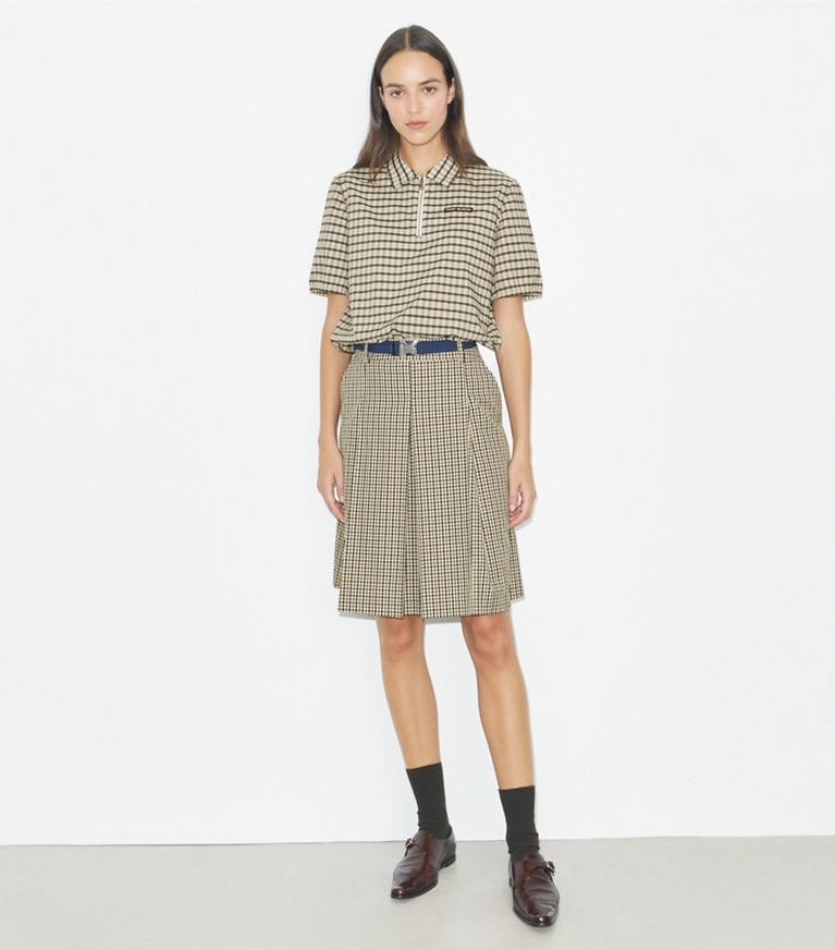 Tory Burch designer tops Plaid Half-Zip Polo in Ivory / Black Plaid front