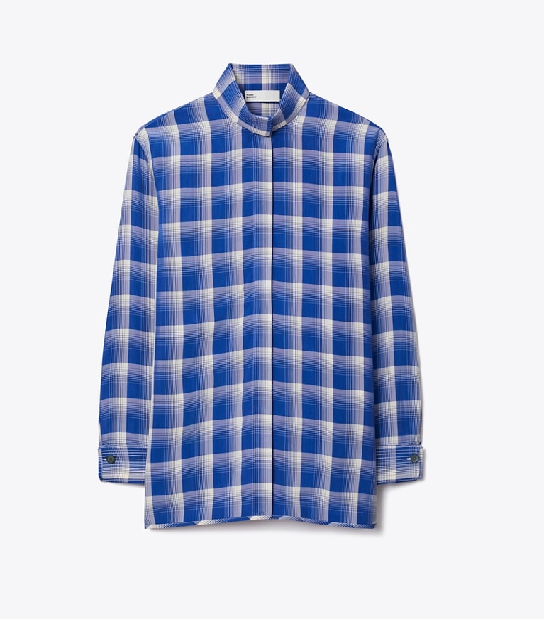 Tory Burch designer tops Plaid Viscose Shirt in Blue / Ivory front