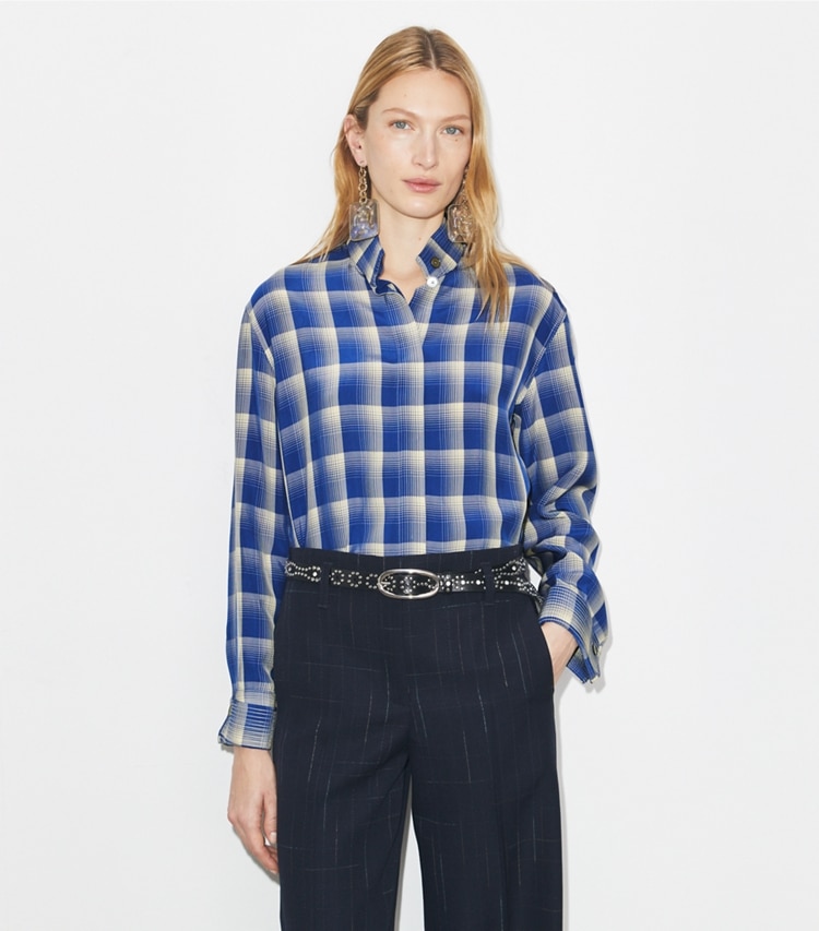 Tory Burch designer tops Plaid Viscose Shirt in Blue / Ivory on model detail