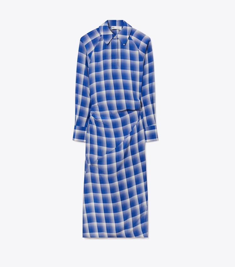 Tory Burch designer dresses Plaid Viscose Shirtdress in Blue / Ivory front