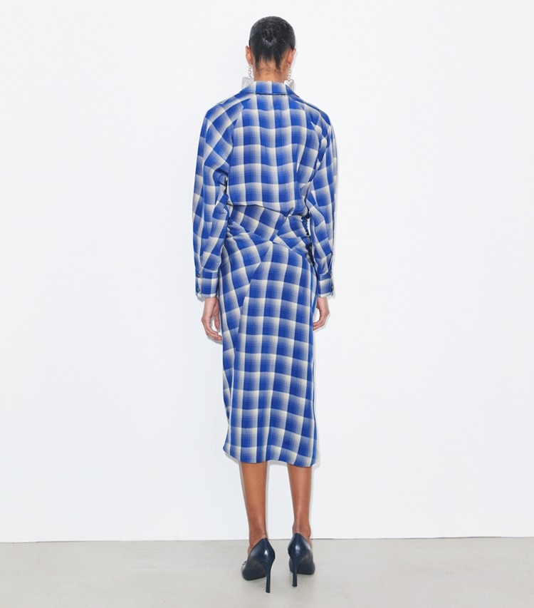 Tory Burch designer dresses Plaid Viscose Shirtdress in Blue / Ivory on model back
