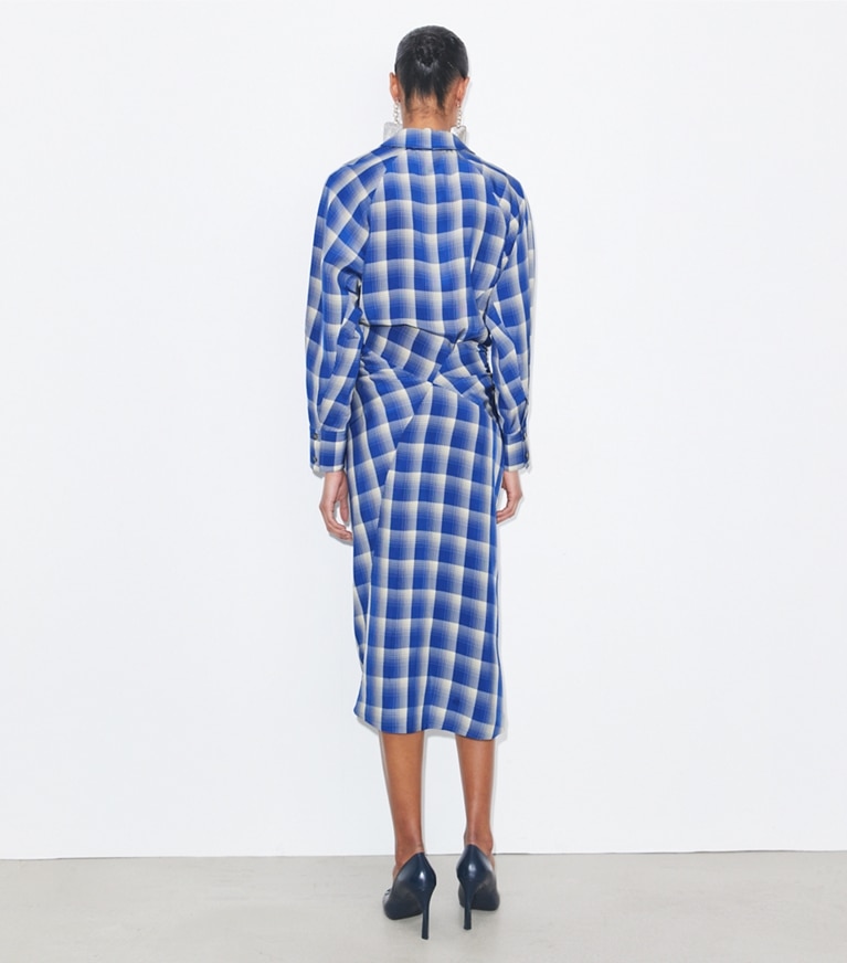 Tory Burch designer dresses Plaid Viscose Shirtdress in Blue / Ivory front