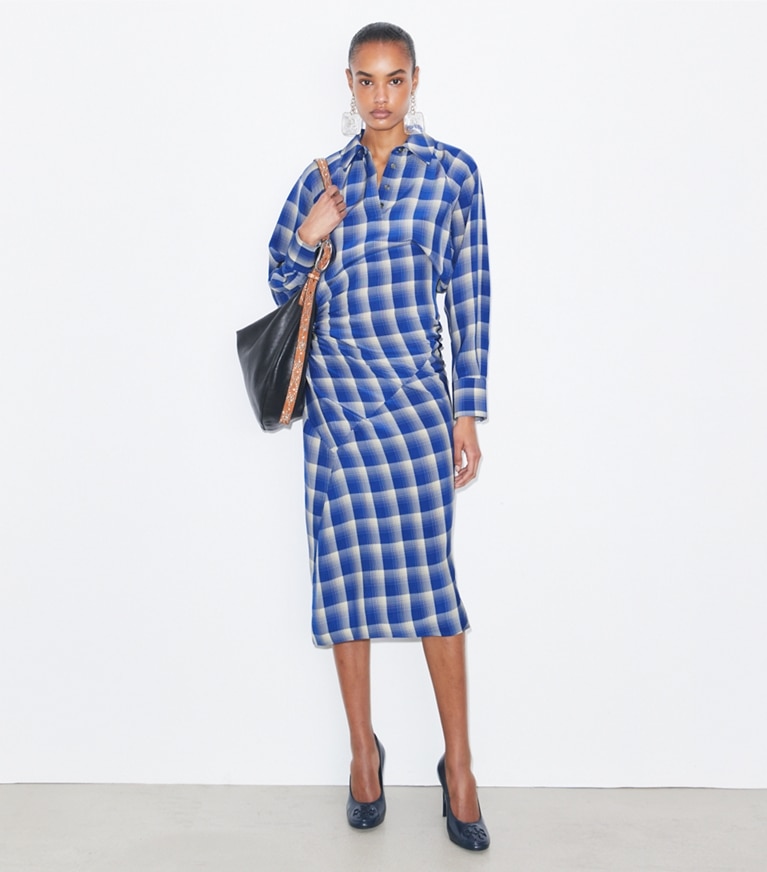 Tory Burch designer dresses Plaid Viscose Shirtdress in Blue / Ivory front