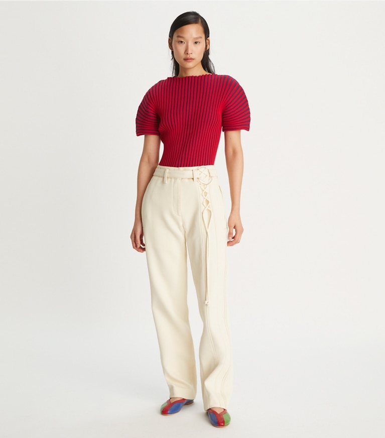 Tory Burch designer sweaters Plaited-Rib Short-Sleeve Sweater in Light Classic Red / Dark Navy front