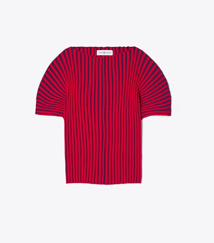 Tory Burch designer sweaters Plaited-Rib Short-Sleeve Sweater in Light Classic Red / Dark Navy front