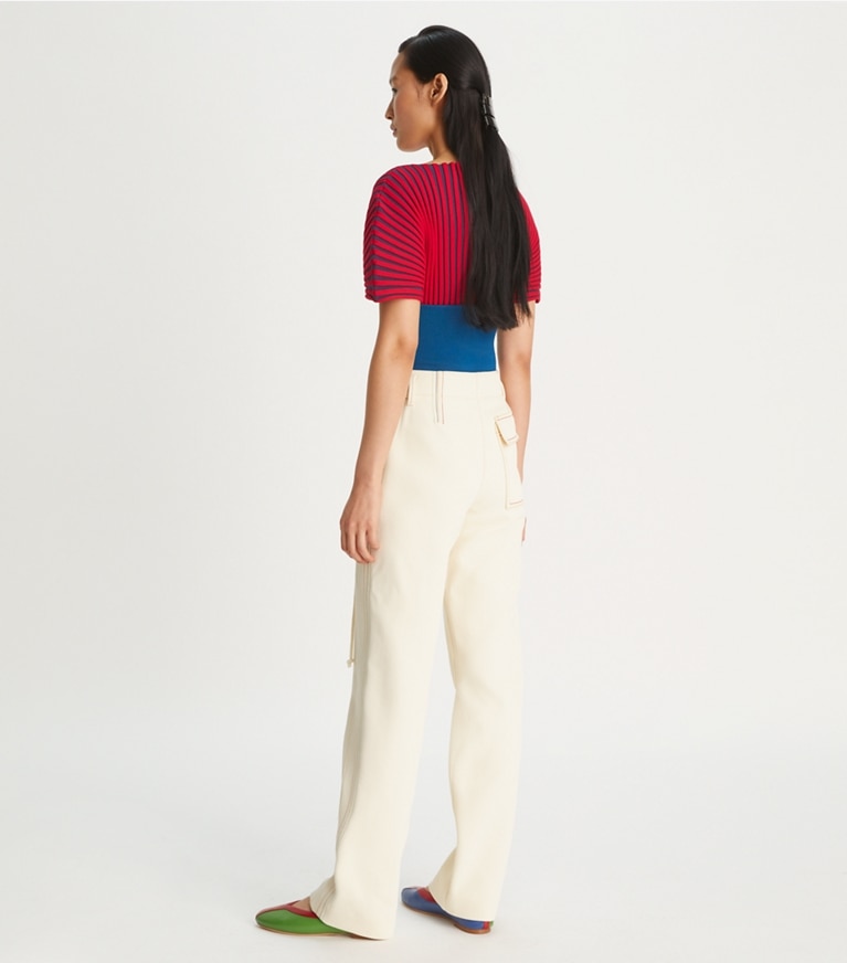 Tory Burch designer sweaters Plaited-Rib Short-Sleeve Sweater in Light Classic Red / Dark Navy front