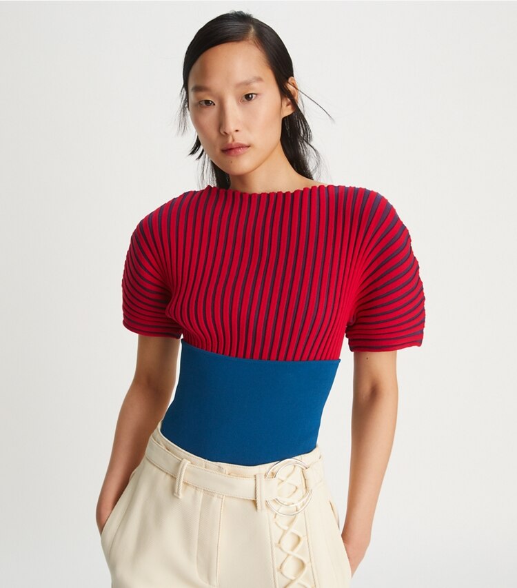 Tory Burch designer sweaters Plaited-Rib Short-Sleeve Sweater in Light Classic Red / Dark Navy on model detail