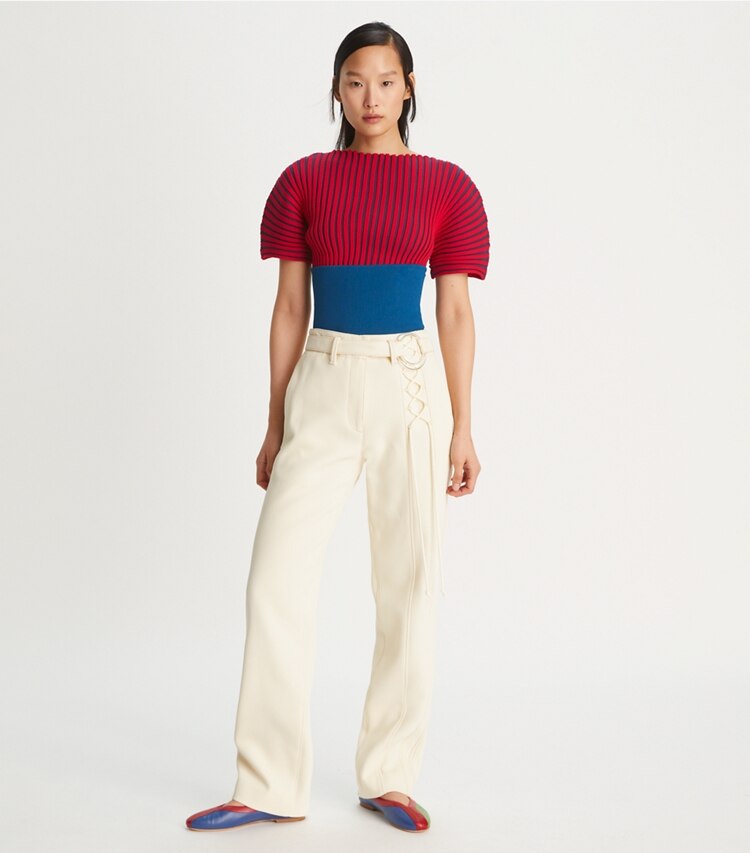Tory Burch designer sweaters Plaited-Rib Short-Sleeve Sweater in Light Classic Red / Dark Navy on model front