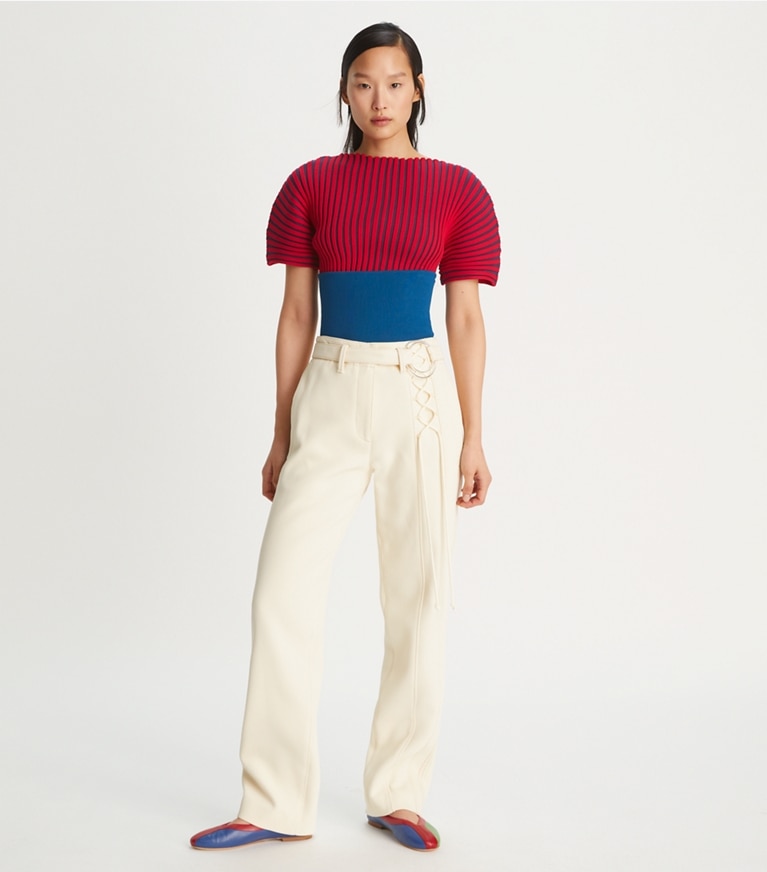 Tory Burch designer sweaters Plaited-Rib Short-Sleeve Sweater in Light Classic Red / Dark Navy front