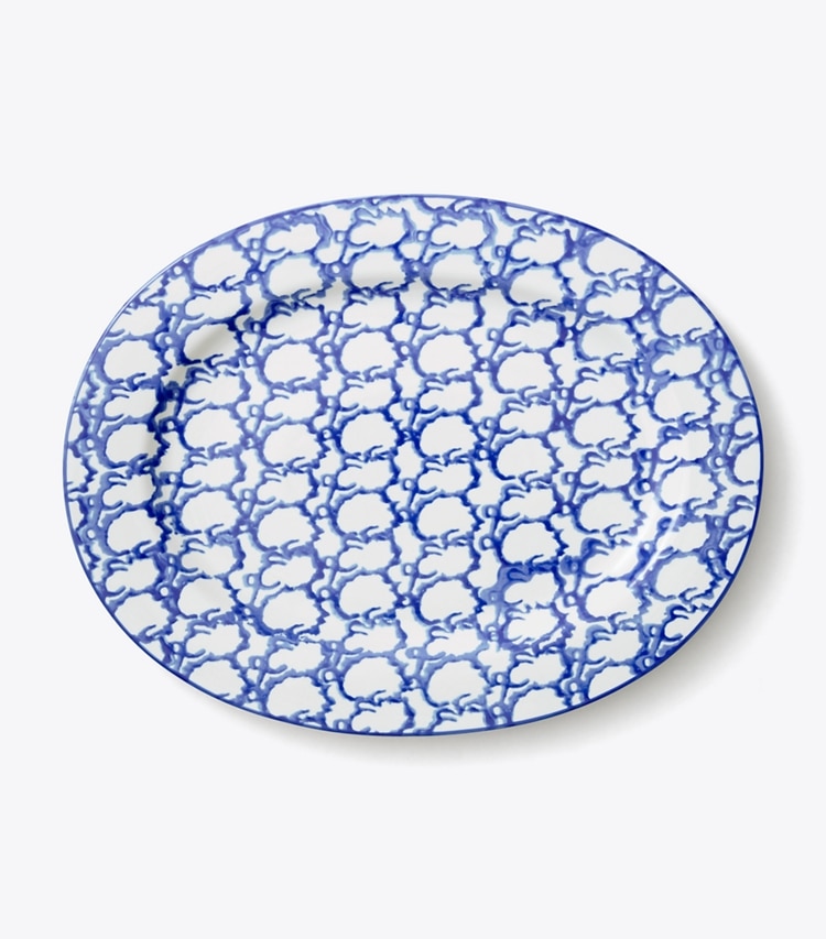 Tory Burch designer vaisselle Plat de service ovale, collection Spongeware dans Smoke Ring de face