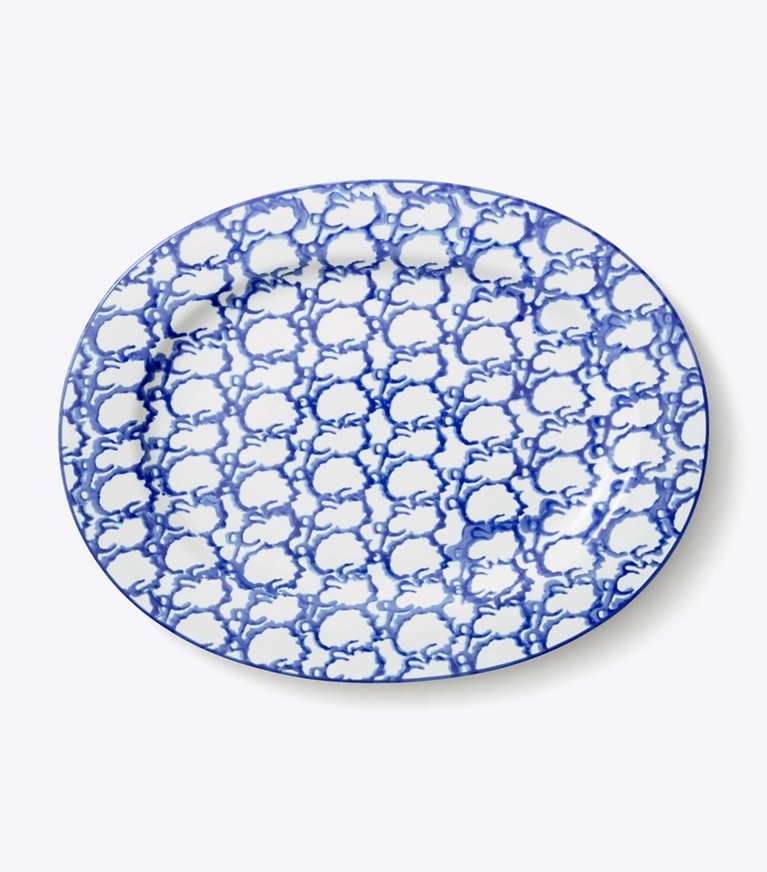 Tory Burch designer vaisselle Plat de service ovale, collection Spongeware dans Smoke Ring de face