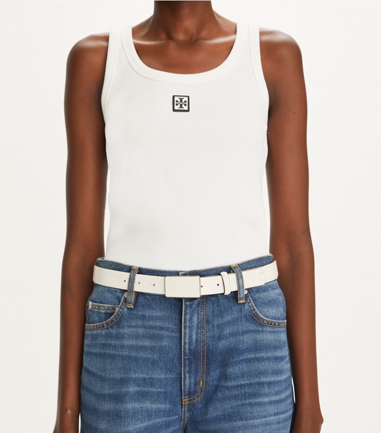 Tory Burch designer belts Plate Belt in Blanc accessory on model