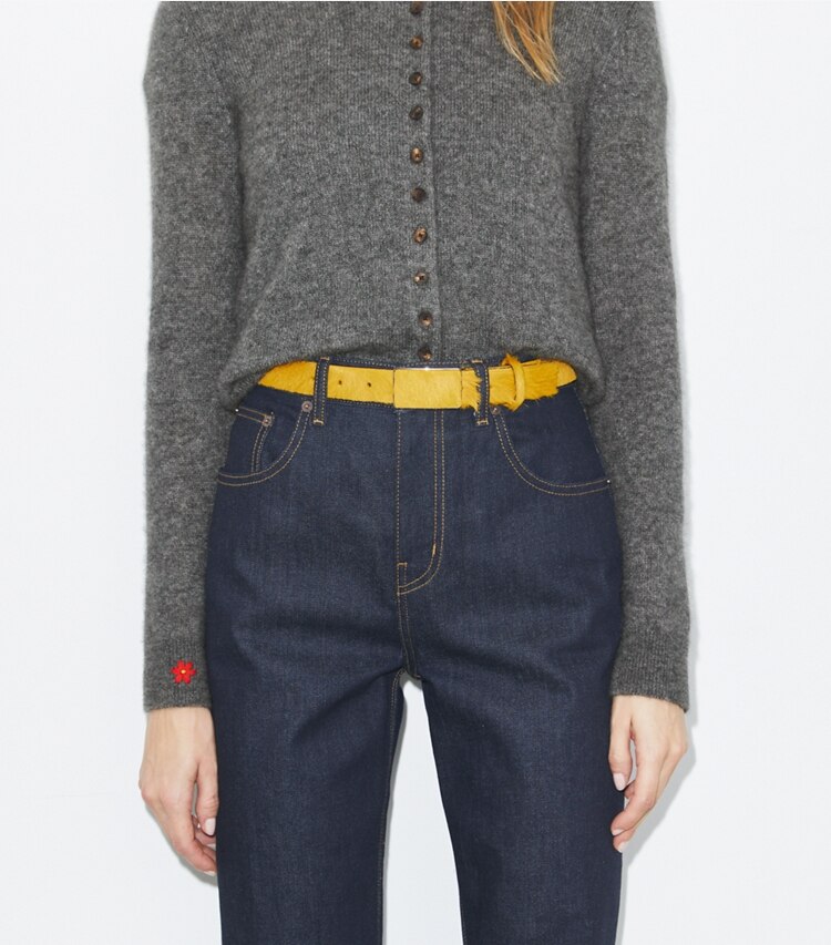 Tory Burch designer belts Plate Belt in HARVEST YELLOW accessory on model