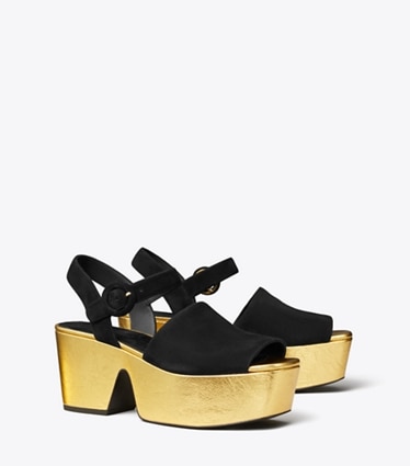 Tory Burch designer sandalen Plateausandale in PERFECT BLACK / CHAMPAGNE angle