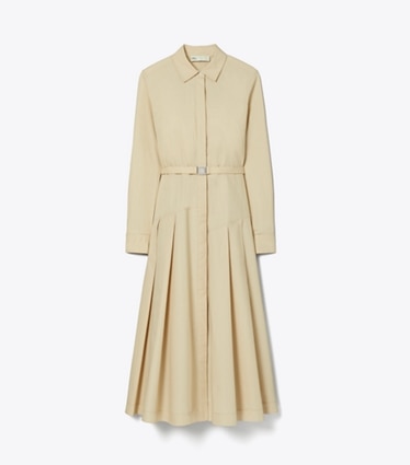 Tory Burch designer dresses Pleated Cotton Shirtdress in TORTORA front