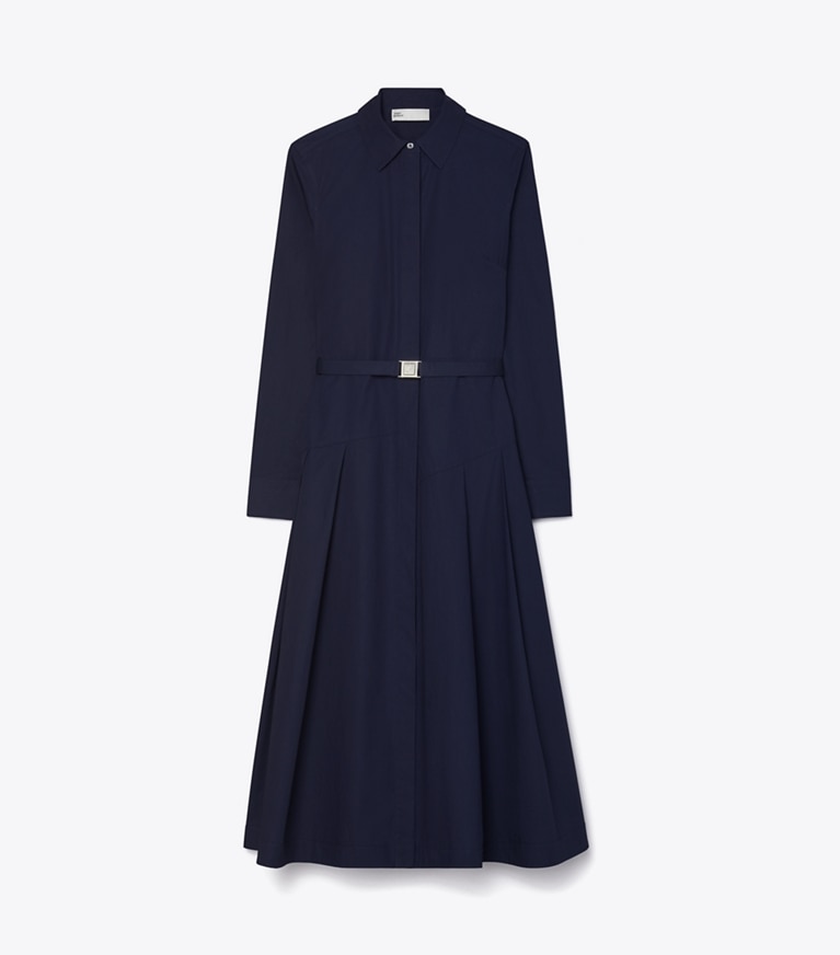 Tory Burch designer dresses Pleated Cotton Shirtdress in Medium Navy front