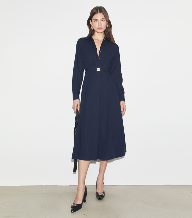 Tory Burch designer dresses Pleated Cotton Shirtdress in Medium Navy front