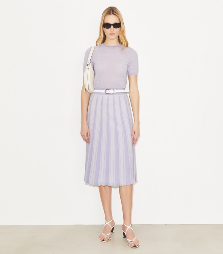 Tory Burch designer bottoms Pleated Cotton Skirt in Spring Blue on model front