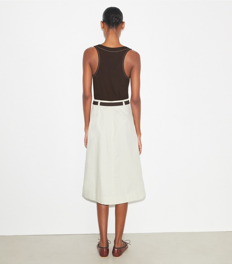 Tory Burch designer bottoms Pleated Cotton Twill Skirt in Stone on model back
