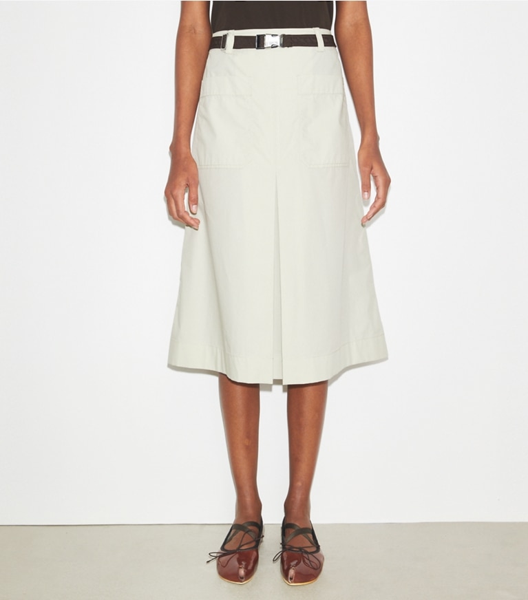 Tory Burch designer bottoms Pleated Cotton Twill Skirt in Stone front