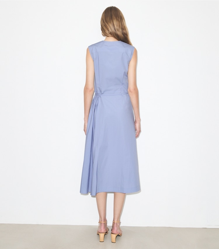 Tory Burch designer dresses Pleated Cotton Wrap Dress in Pale Blue on model back