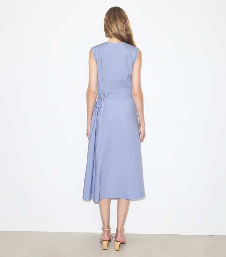 Tory Burch designer dresses Pleated Cotton Wrap Dress in Pale Blue on model back