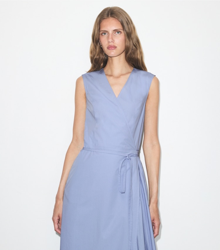 Tory Burch designer dresses Pleated Cotton Wrap Dress in Pale Blue on model detail