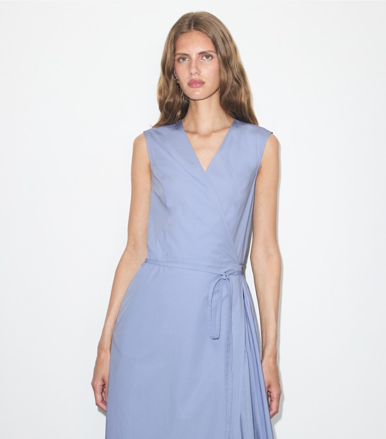 Tory Burch designer dresses Pleated Cotton Wrap Dress in Pale Blue on model detail