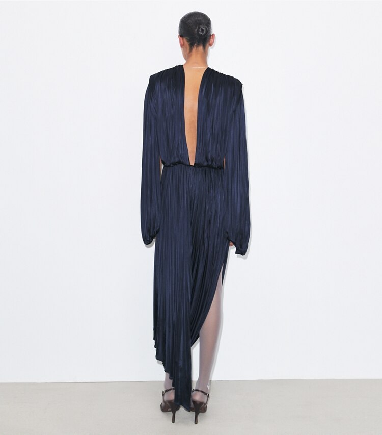 Tory Burch designer dresses Pleated Draped Viscose Dress in Ink on model back