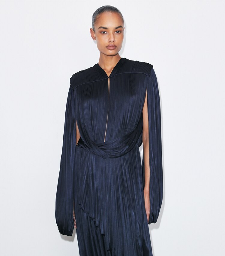 Tory Burch designer dresses Pleated Draped Viscose Dress in Ink on model detail