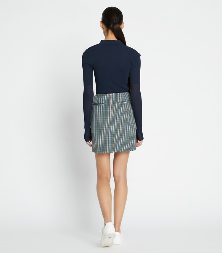Tory Sport designer bottoms Pleated-Front Twill Golf Skirt in Winetasting Pincheck Plaid on model back