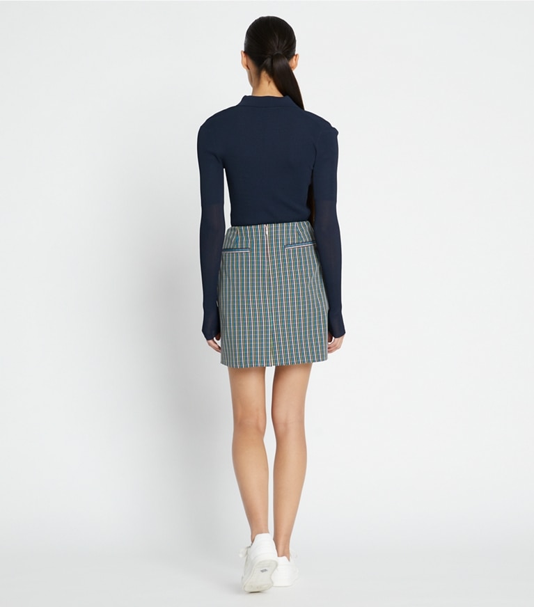 Tory Sport designer bottoms Pleated-Front Twill Golf Skirt in Winetasting Pincheck Plaid front