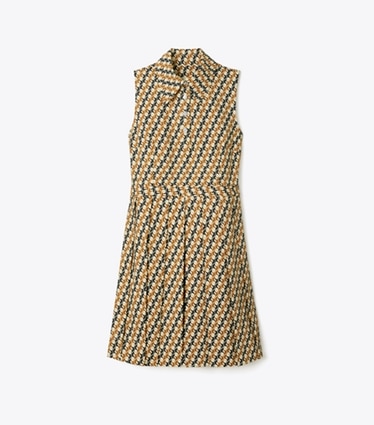 Tory Sport designer dresses Pleated Golf Dress in Tory Navy Linked Geo Multi-Color front