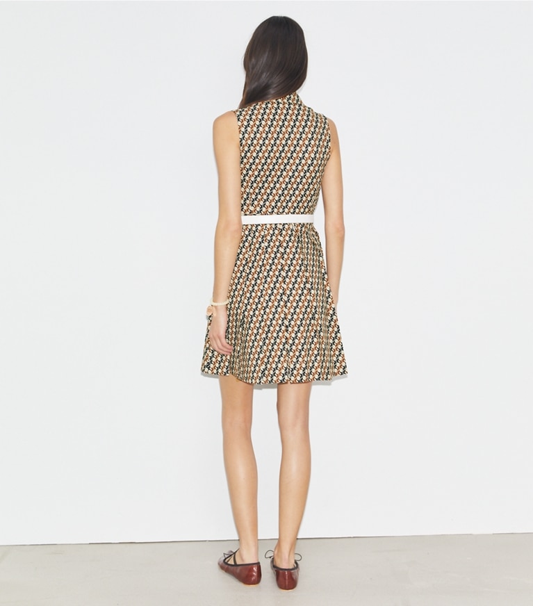 Tory Sport designer dresses Pleated Golf Dress in Tory Navy Linked Geo Multi-Color front