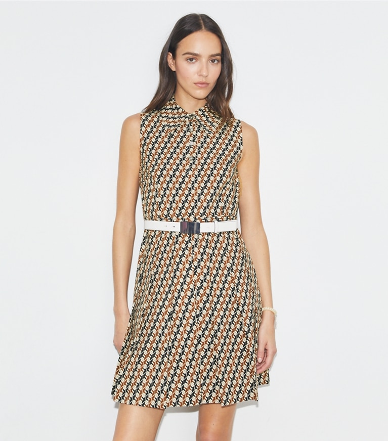 Tory Sport designer dresses Pleated Golf Dress in Tory Navy Linked Geo Multi-Color front