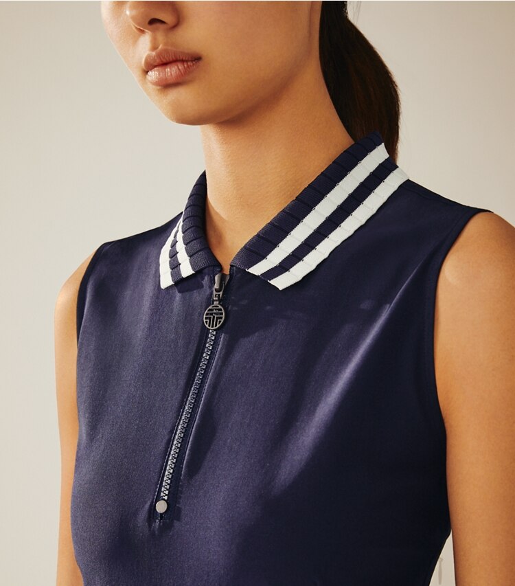 Tory Sport designer dresses Pleated Golf Dress in Tory Navy on model detail
