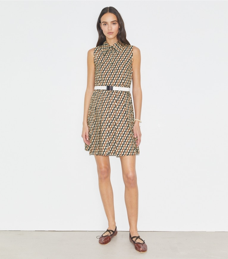 Tory Sport designer dresses Pleated Golf Dress in Tory Navy Linked Geo Multi-Color front