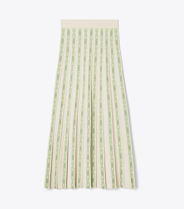Tory Sport designer bottoms Pleated Jacquard Tech Knit Skirt in Pale Stone Chainlink Logo front