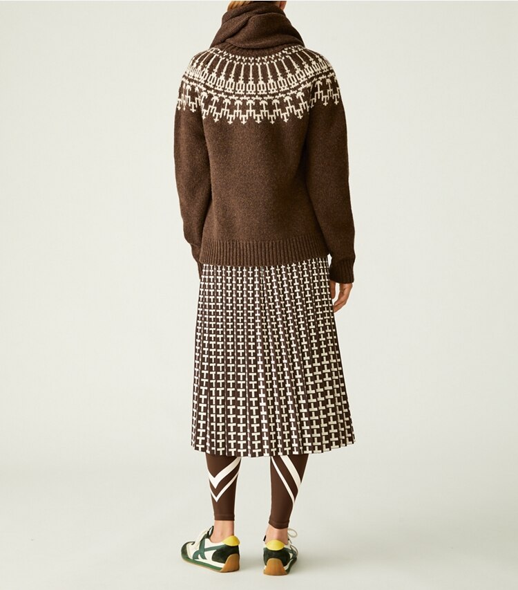 Tory Sport designer bottoms Pleated Jacquard Tech Knit Skirt in Dark Roast Two Way T on model back
